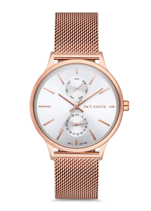 Dice Kayek beyaz kadranlı rose kaplamalı kadın kol saati, model DK.1.AG1201.10 — ön görünüm