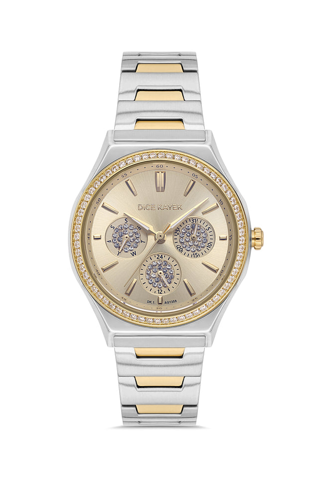 Dice Kayek women's wristwatch with yellow dial and two-tone gold and silver-plated case, model DK.1.AG1358.06 — front view