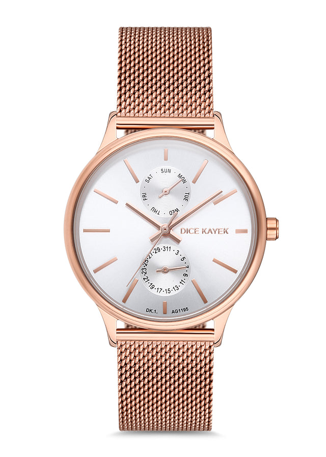 Dice Kayek beyaz kadranlı rose kaplamalı kadın kol saati, model DK.1.AG1201.10 — ön görünüm