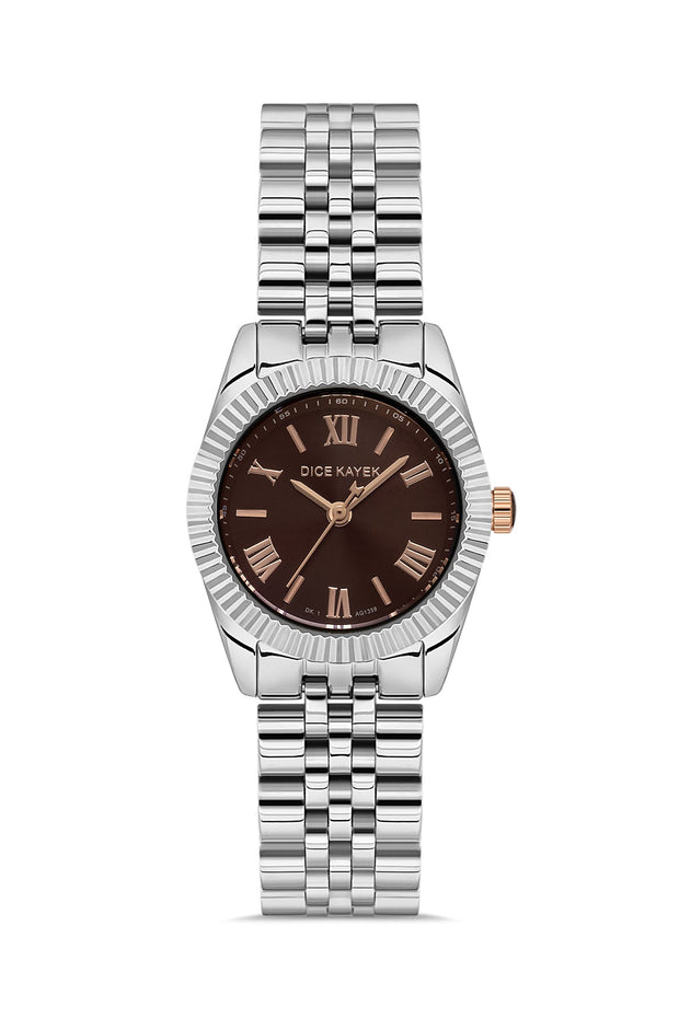 Dice Kayek kahverengi kadranlı gümüş kaplamalı kadın kol saati, model DK.1.AG1359.04 — kadran detayı
