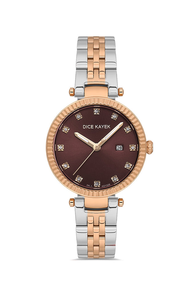 Dice Kayek kahverengi kadranlı rose-gümüş kaplamalı kadın kol saati, model DK.1.AG1329.07 — kadran detayı
