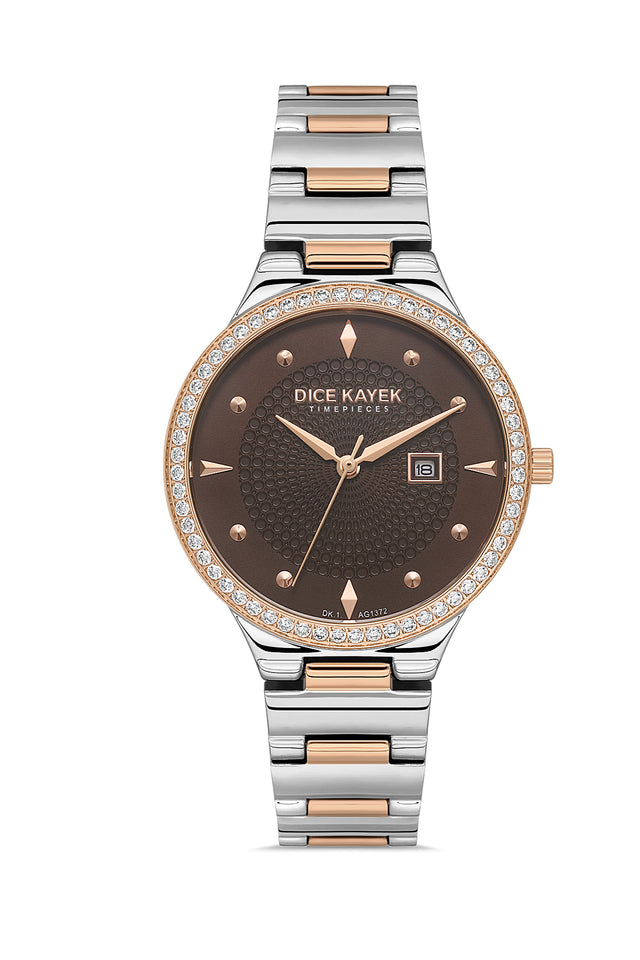 Dice Kayek women's wristwatch with brown dial and white-plated case, model DK.1.AG1372.JA0-05 — front view