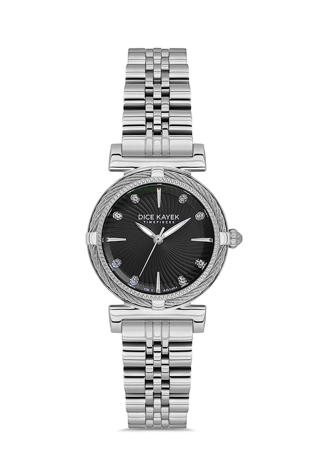 Dice Kayek women's wristwatch with black dial and silver-plated case, model DK.1.AG1401.02 — front view