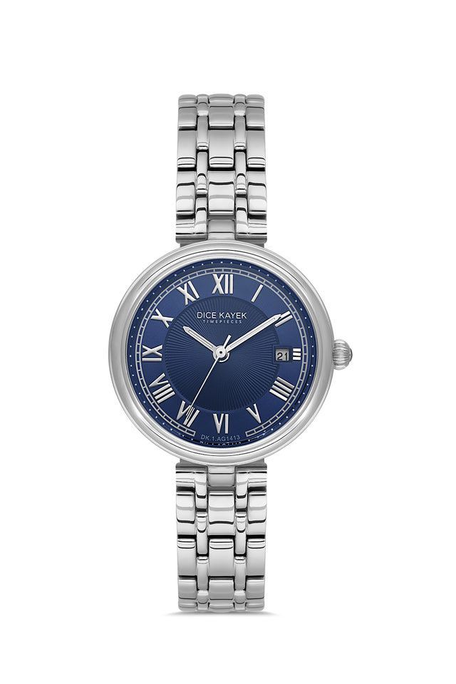 Dice Kayek women's wristwatch with blue dial and silver-plated case, model DK.1.AG1413.04 — front view