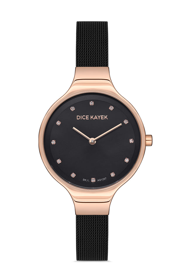 Dice Kayek women's wristwatch with black dial and rose gold-plated case, model DK.1.AG1257.04 — front view