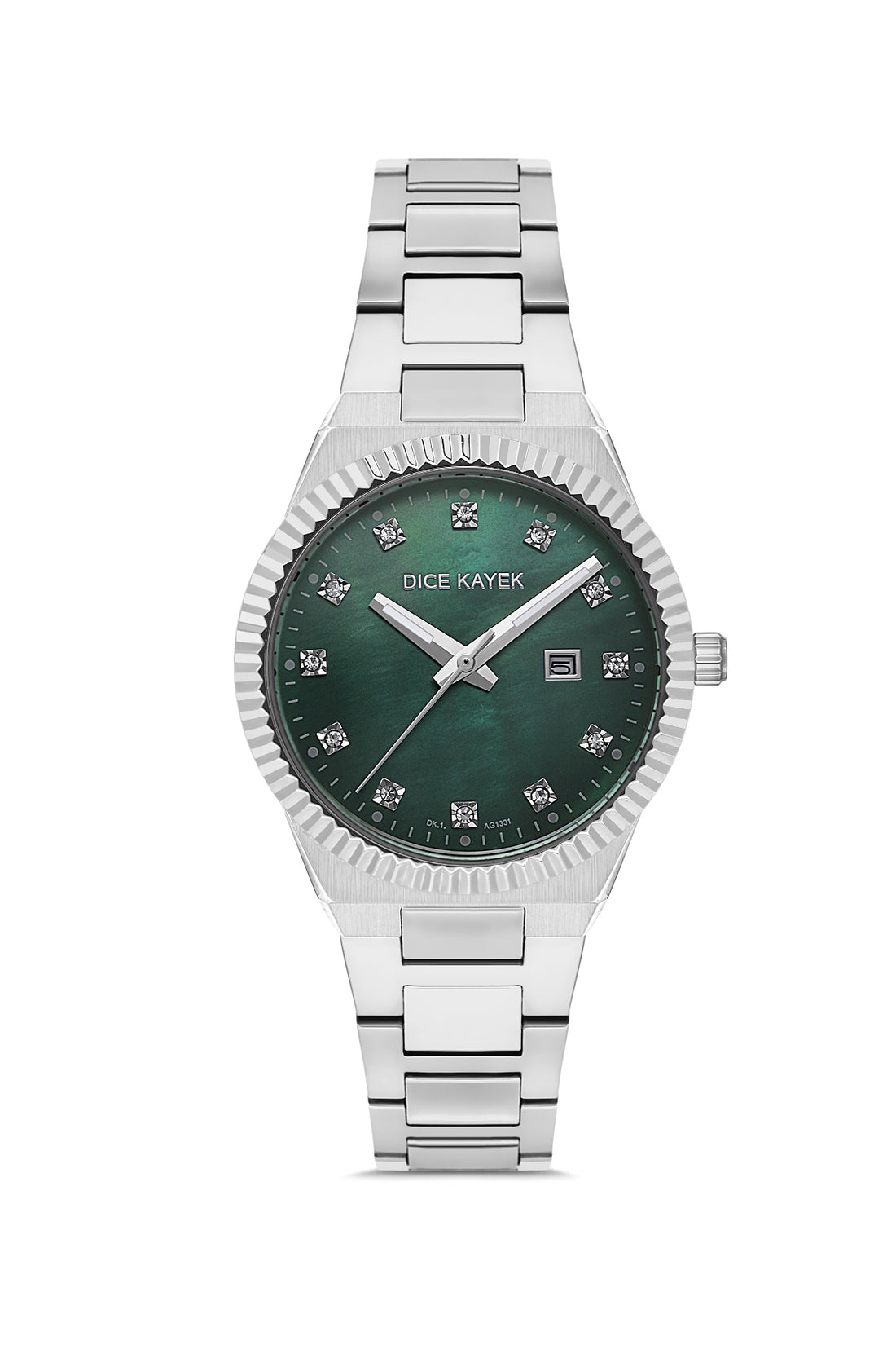 Dice Kayek yeşil kadranlı gümüş kaplamalı kadın kol saati, model DK.1.AG1331.03 — ön görünüm